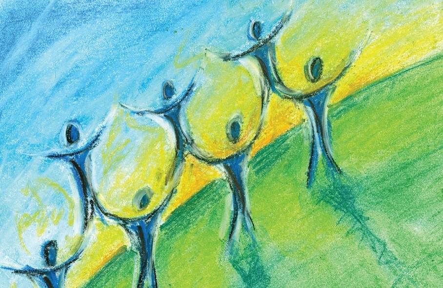 Seven human figures standing against a green, yellow, and blue background. All seven figures are holding their arms upwards. 